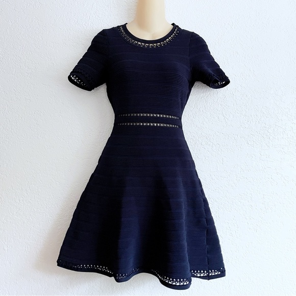 Sandro Navy Blue Textured Ribbed Knit Short Sleeve A-line Dress XS SMALL Flare - Picture 1 of 8